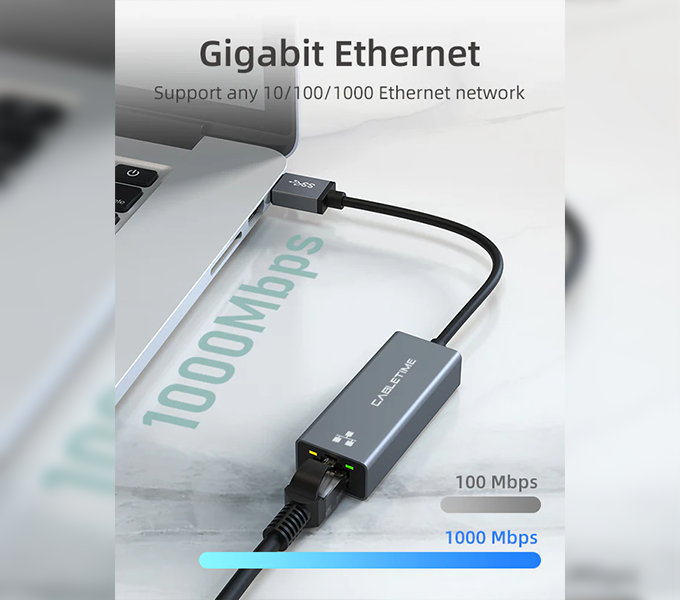 CABLETIME Gigabit Ethernet USB 3.0 Male to RJ45 Female Adapter 1000Mbps (CB50G)(CT-AML1000-AG) 2Y