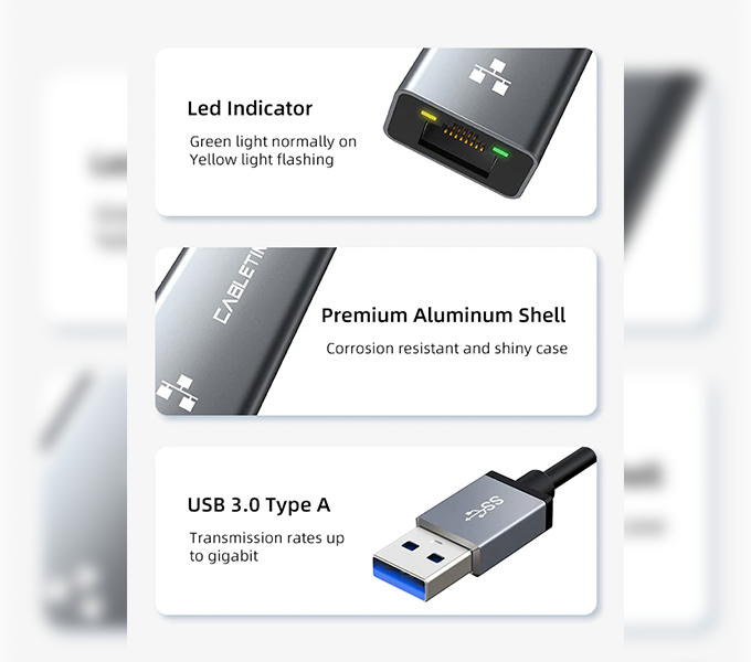 CABLETIME Gigabit Ethernet USB 3.0 Male to RJ45 Female Adapter 1000Mbps (CB50G)(CT-AML1000-AG) 2Y
