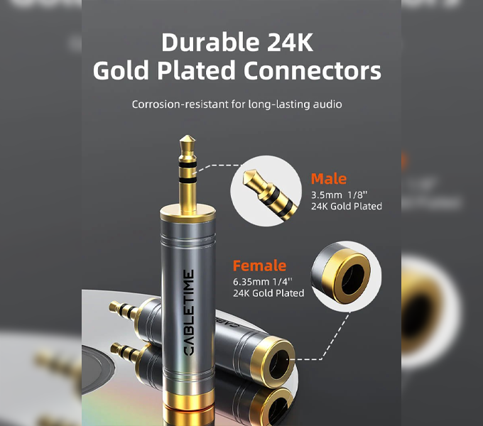 CABLETIME 3.5mm to 6.3mm Stereo Audio Adapter for Headphone AMP​(M: CPA4G)