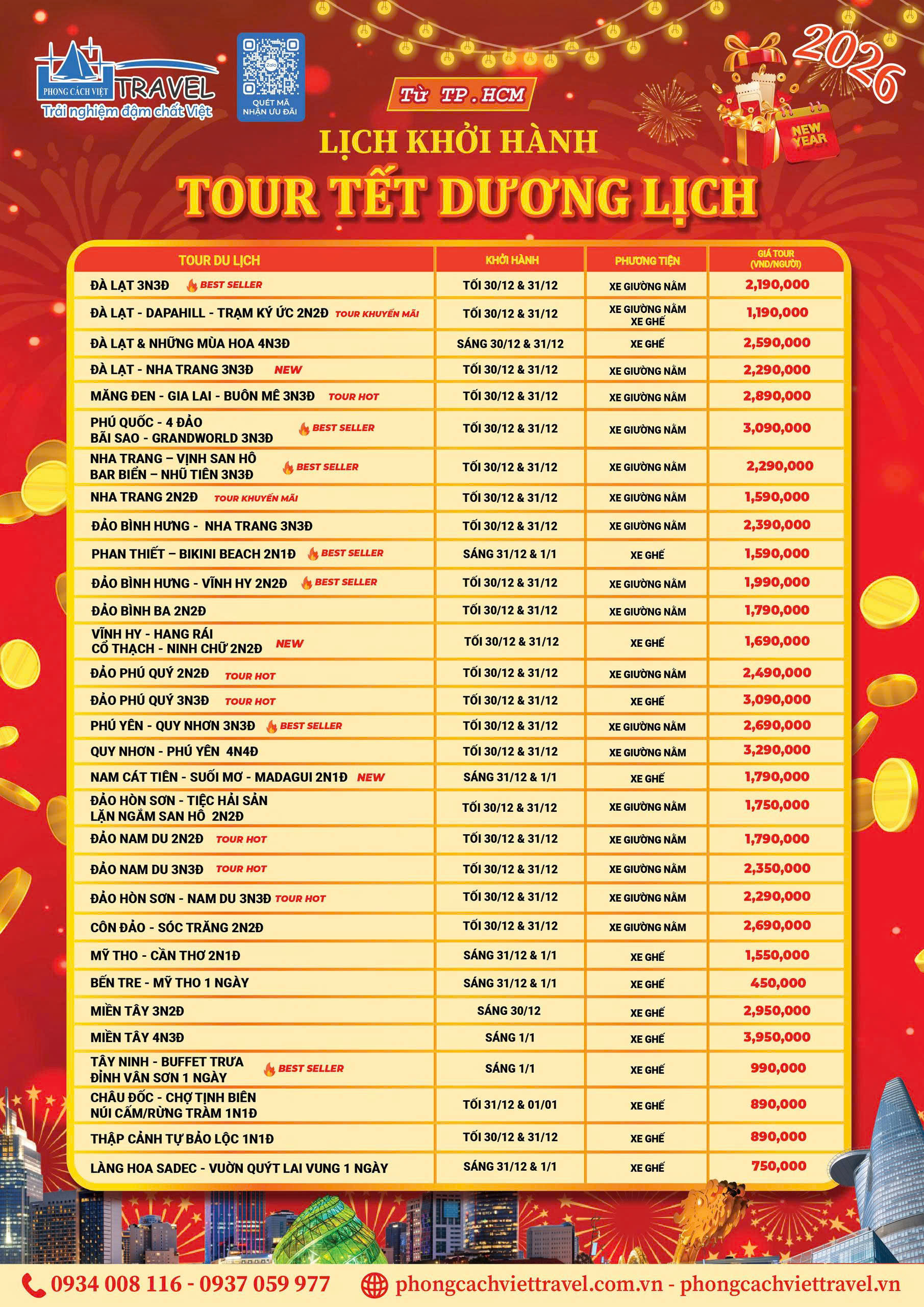 LỊCH KHỞI HÀNH TOUR NỘI ĐỊA TẾT DƯƠNG LỊCH 2026