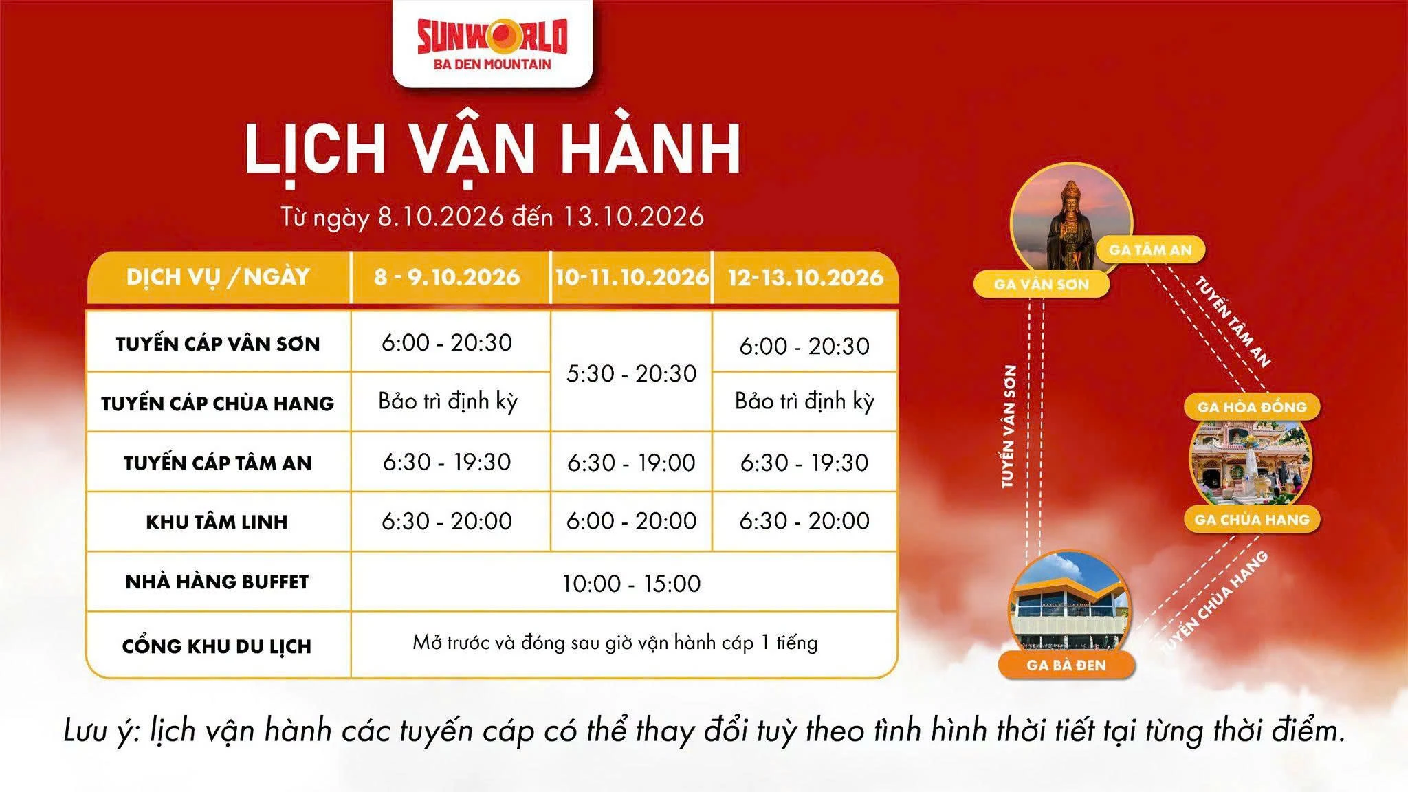 Lịch vận hành Núi Bà Đen từ 08 - 13/10/2026