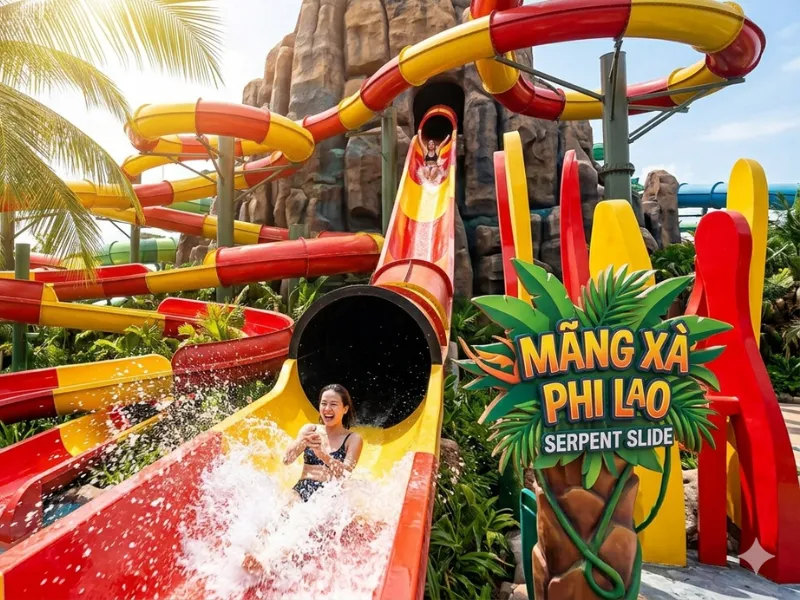 Du khách phấn khích trên đường trượt Mãng Xà Phi Lao tại Aquatopia Hòn Thơm