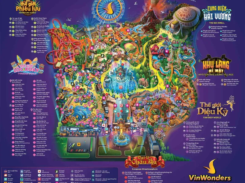 Bản đồ các phân khu và danh sách trò chơi chi tiết tại VinWonders Phú Quốc 2026.