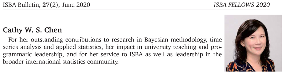 統計系陳婉淑終身特聘教授 榮獲2020 ISBA Fellow。