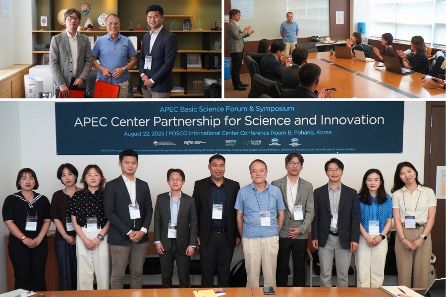 APEC中心浦項會議各方代表合影(下圖)。APCTP主席佐佐木節(右5)於會前致詞,APEC PPSTI副主席朴煥日(右3)亦出席與會。