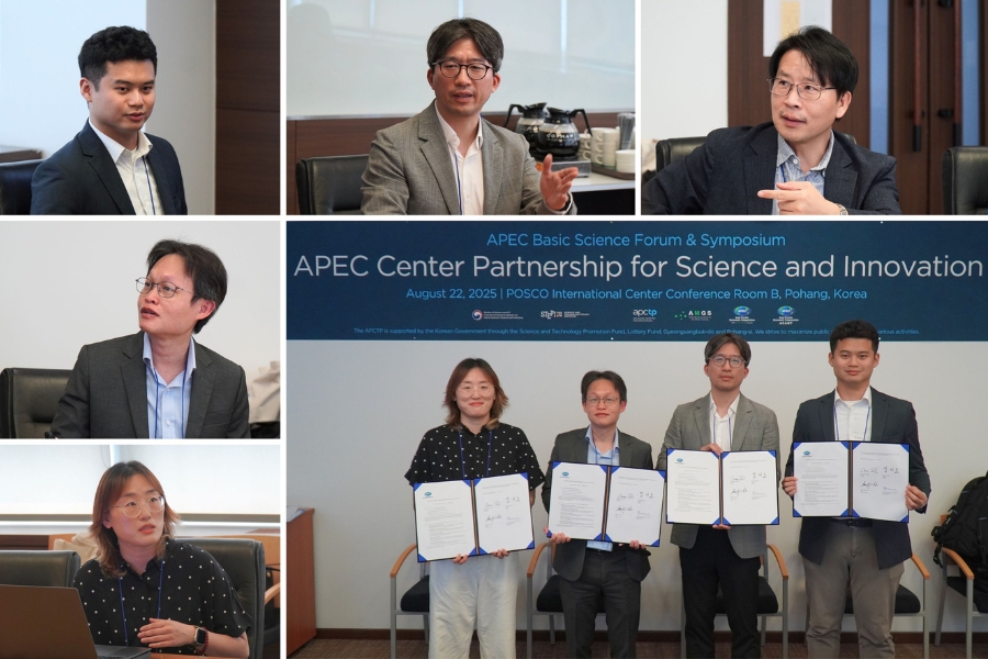 「APEC中心科研創新合作宣言」簽署儀式(右下圖)。由左至右分別為AMGS金道英研究員、APEC-CTF副執行長 Kommate Jitvanichphaibool、APCTP執行長全在亨、ACABT劉承翰專案經理。