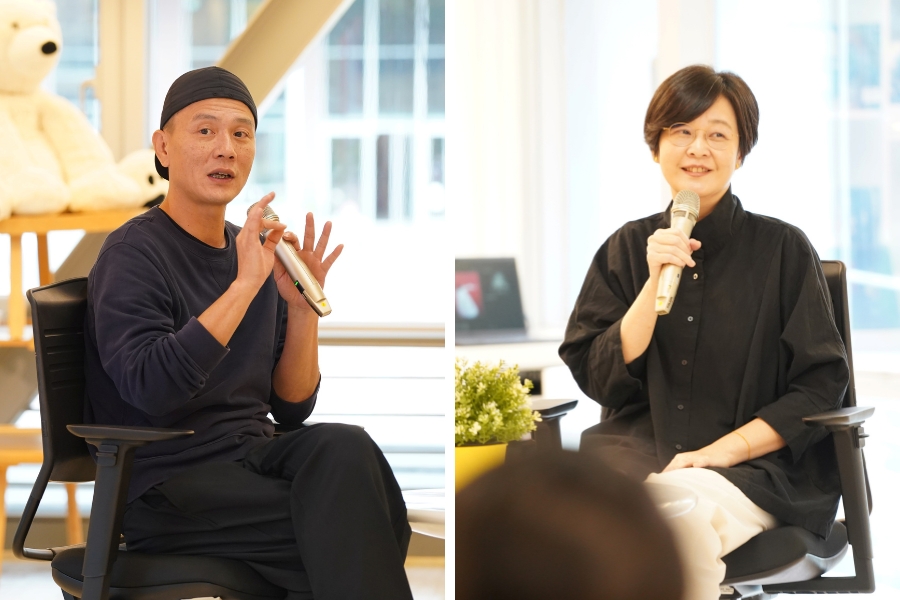 雲門舞集藝術總監鄭宗龍(左)與名作家江鵝(右) 以「如何聆聽內在」為核心，延伸探討創作的養分來源，言談幽默真摯。