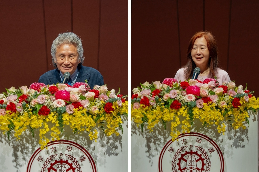 董事長高承恕(左)與校長王葳分別於64周年校慶典禮上致詞。
