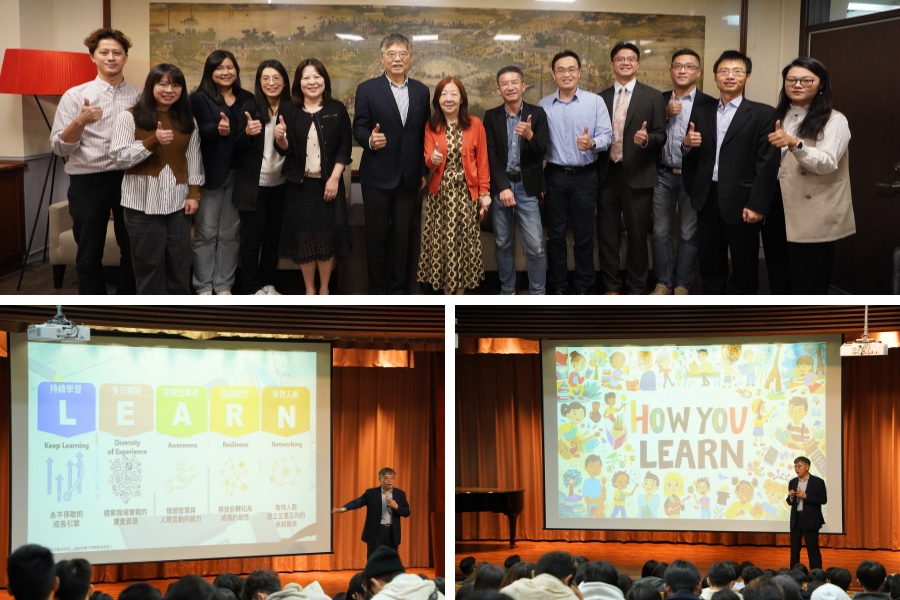 逢甲大學校長王葳、校友聯絡處校聯長楊士霆及商學院院長黃瓊如，與企管系及運輸與物流系師生一同聆聽傑出校友尹鏇博的經驗分享。