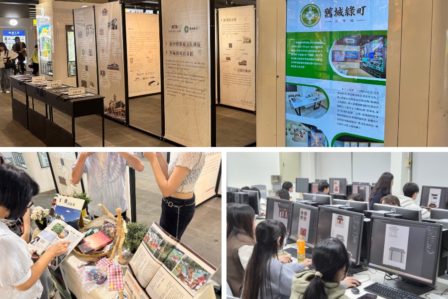 中文系副教授余風帶領學生在台中火車站進行成果策展，並和參觀民眾解釋設計理念。