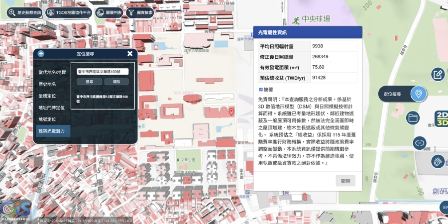 中央研究院、逢甲大學與內政部攜手推出「建築屋頂太陽光電潛力3D查詢服務」,民眾只需輸入門牌地址,即可查詢建築物的太陽光電設置條件與發電潛力。