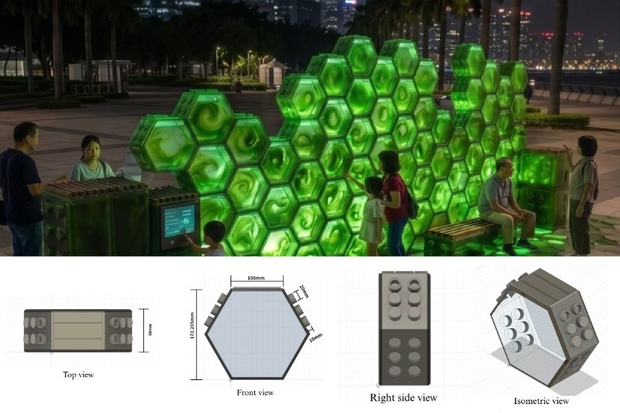 「綠藻磚」封閉式微藻光生物反應器示意圖,微藻在模組內吸收二氧化碳、釋放氧氣,讓建築外牆成為主動吸碳的生態介面。