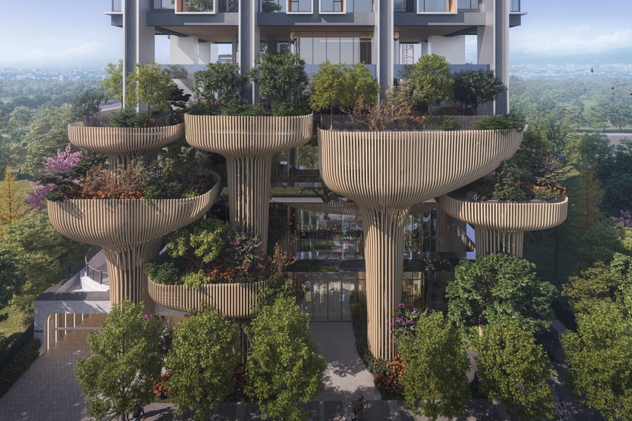 泰御Sky Island的13朵花開基座3D示意圖，結合力學與曲線設計。