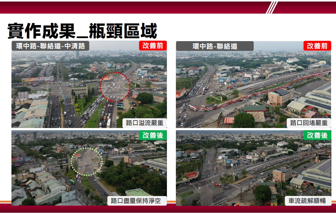 台中環中路與中清路聯絡道路口溢流，路面淨空改善後對照。