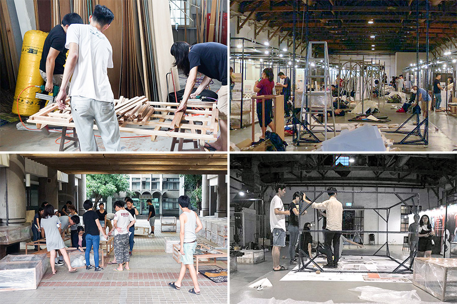 圖說：逢甲大學建築專業學院學生一同布展，為6月17日至25日在臺北松山文創園區3號倉庫舉辦的「1826」建築過程展做好準備。（照片／建築專業學院提供）