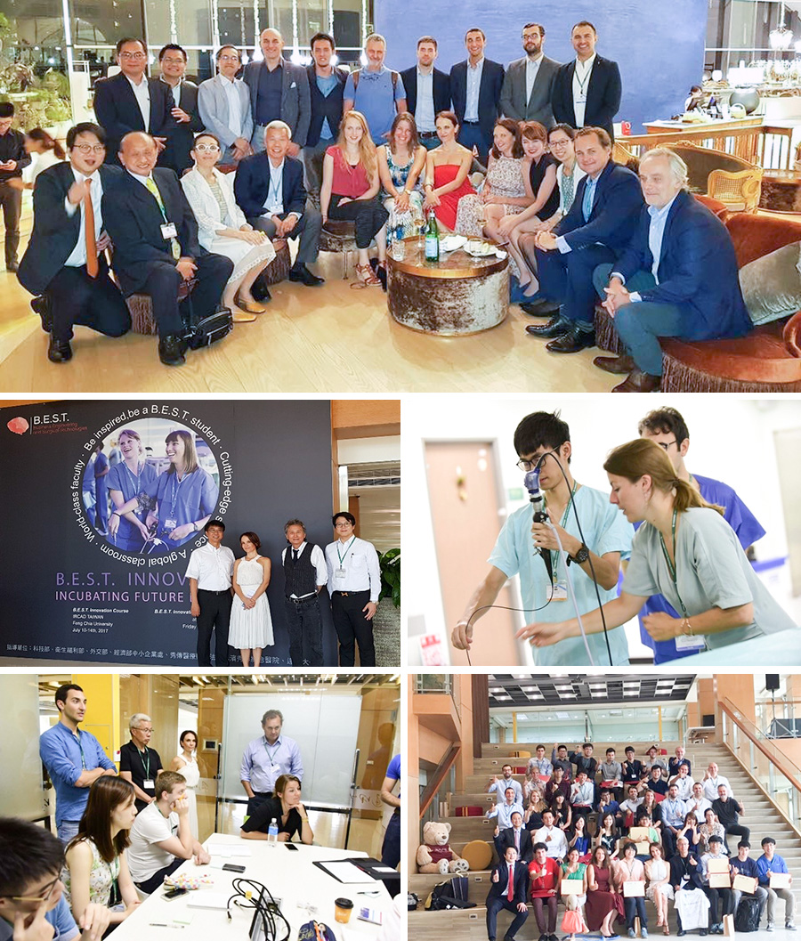 圖說：逢甲大學與彰濱秀傳紀念醫院合作舉辦亞洲第一屆B.E.S.T Innovation Program，開幕典禮（上圖，地點：國家歌劇院）、微創儀器操作體驗（中右圖，地點：秀傳醫院）、小組討論及結業典禮（中左、下圖，地點：逢甲大學）。（照片／產學合作處提供）