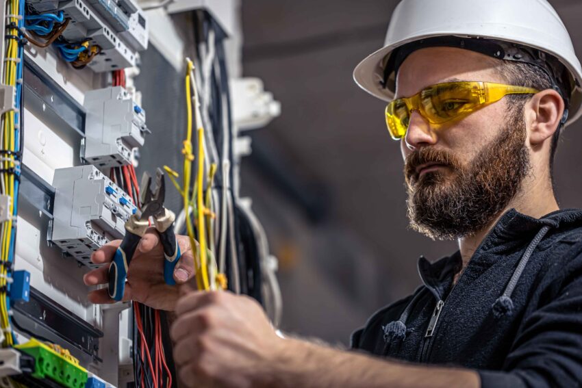 male electrician works switchboard with electrical connecting cable 1 1 1