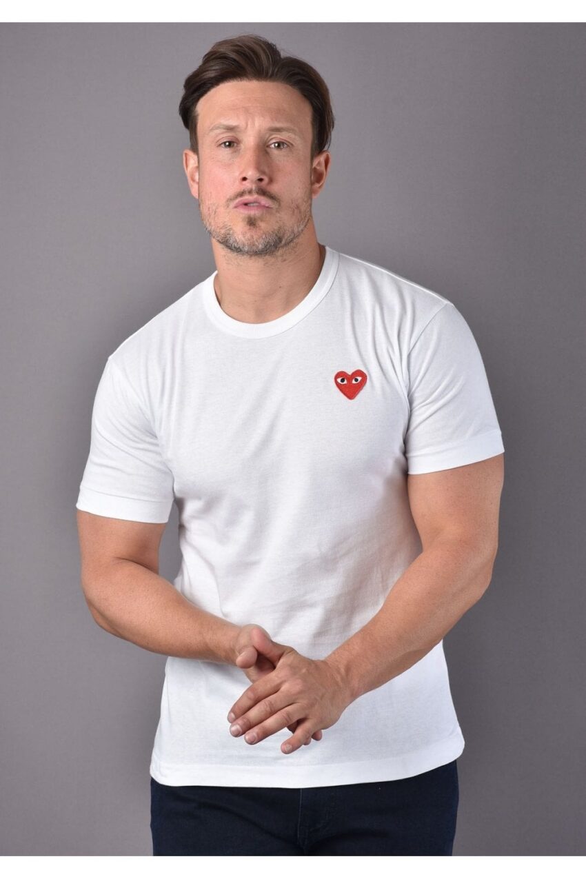 White T Shirt with Red Heart Logo