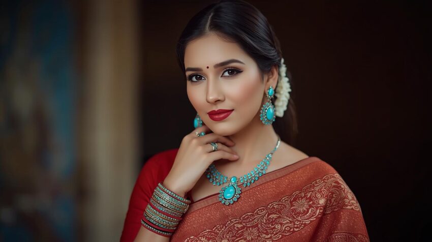 give me a image of lady to wear saree and wear turquoise jewelry all items on the place