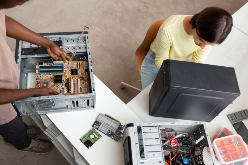 people repairing computer chips