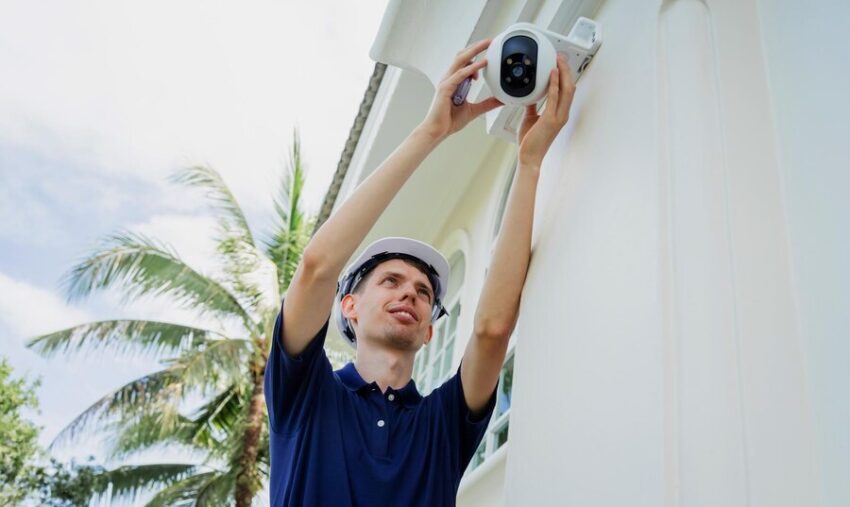 technician installs cctv camera facade residential building 179755 25151