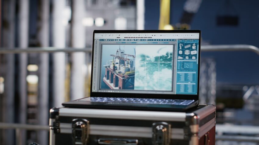 compressed laptop screen shows visualization monitoring software empty offshore platform enabling 1