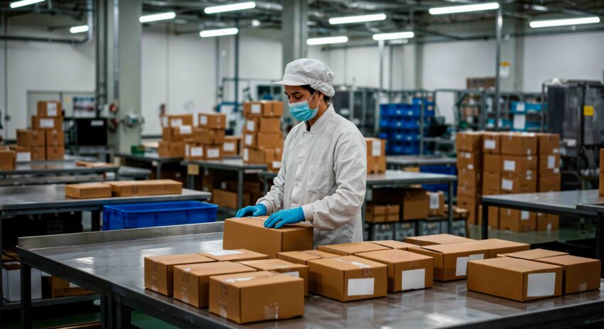 compressed factory worker packaging boxes