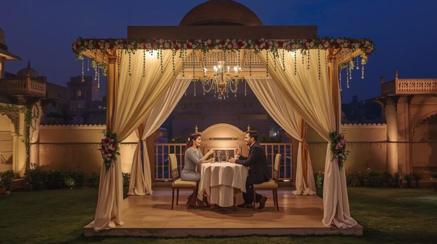 Going to Romantic Proposal Decorations in Jaipur Make Your Special Moment Magical with Just 4 You. put a couple in cabana with chair table