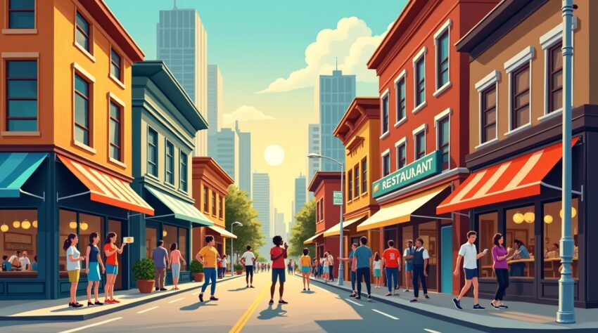 Flux Dev A vibrant illustration of a bustling city street with 0