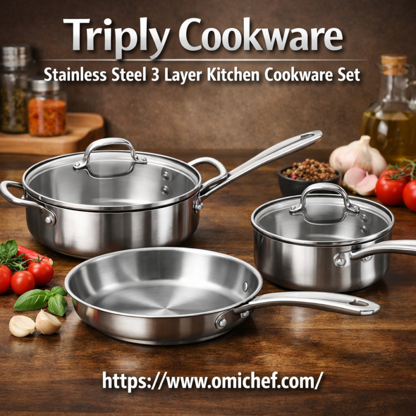 Stainless steel cookware set with fresh ingredients