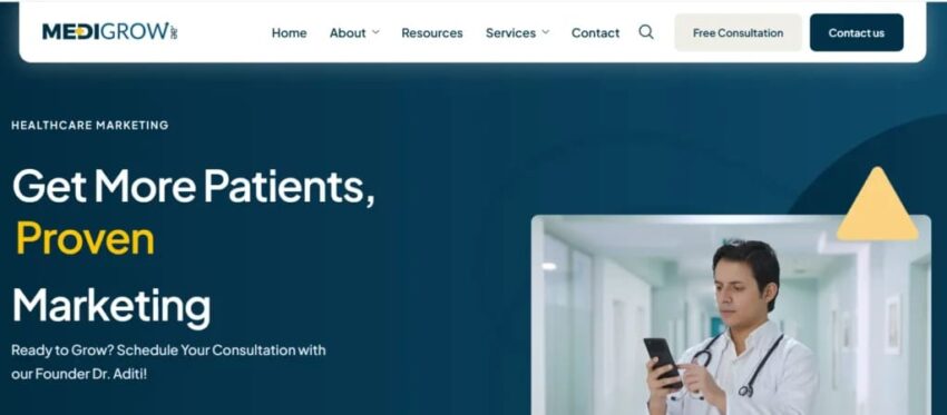 Medigrow homepage banner featuring a male doctor using a smartphone and bold headline Get More Patients Proven Marketing 1024x449 1