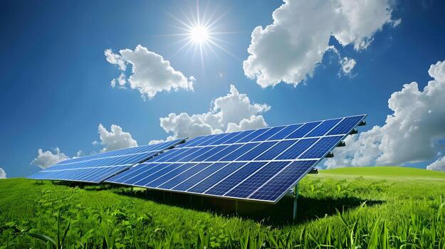 ai generated fields of solar panels and systems to produce green electricity ai generated photo