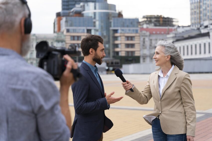 journalists taking interview outdoors