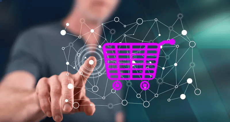 man touching e commerce concept touch screen his finger 174404205