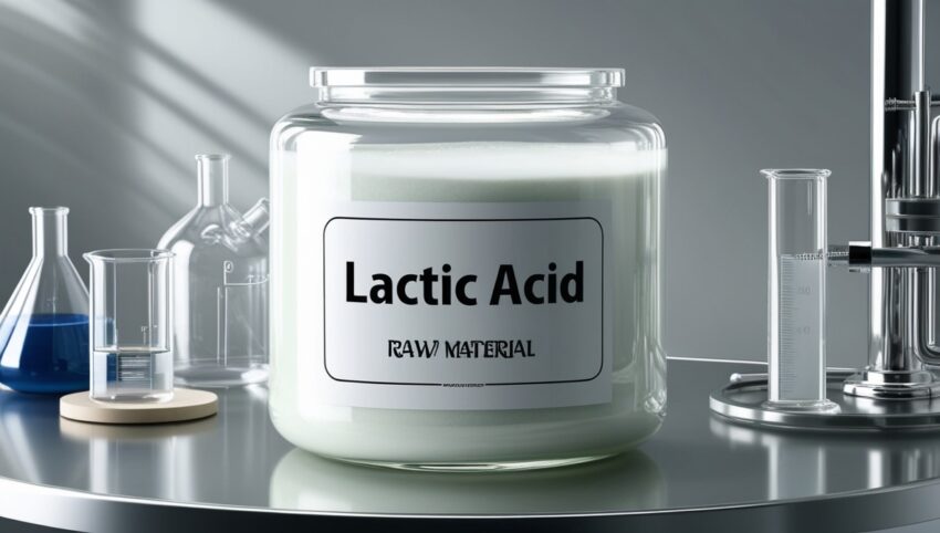 phoenix v0.9 generate a highly detailed image of Lactic Acid raw material in a laboratory set 2