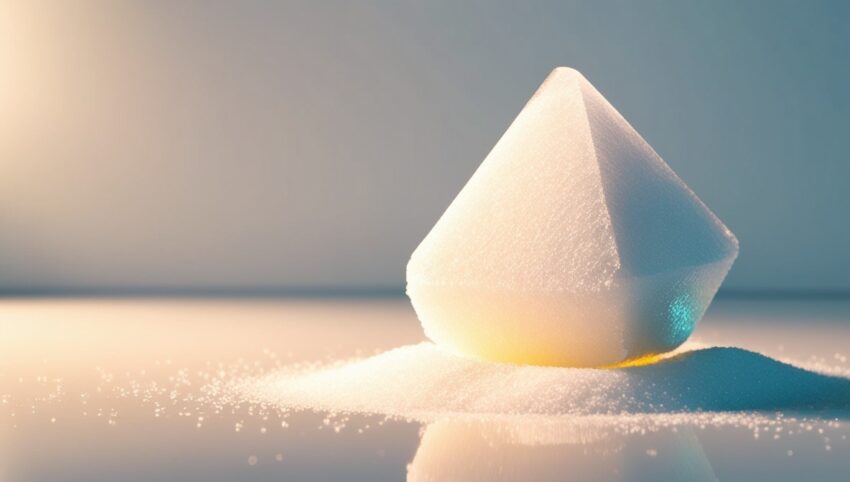 phoenix v0.9 Generate a vibrant and colorful image of sugar featuring a large crystal of refi 0