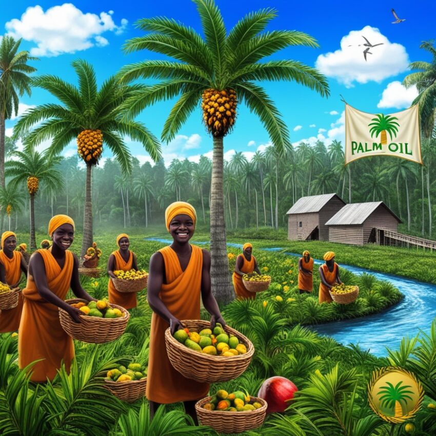 phoenix v0.9 Generate a realistic image of a palm oil plantation with lush green palm trees u 2