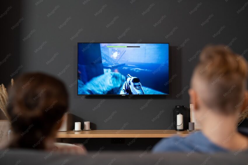 back view two contemporary siblings sitting front tv set playing video game living room vacations weekend 274679 17105 1