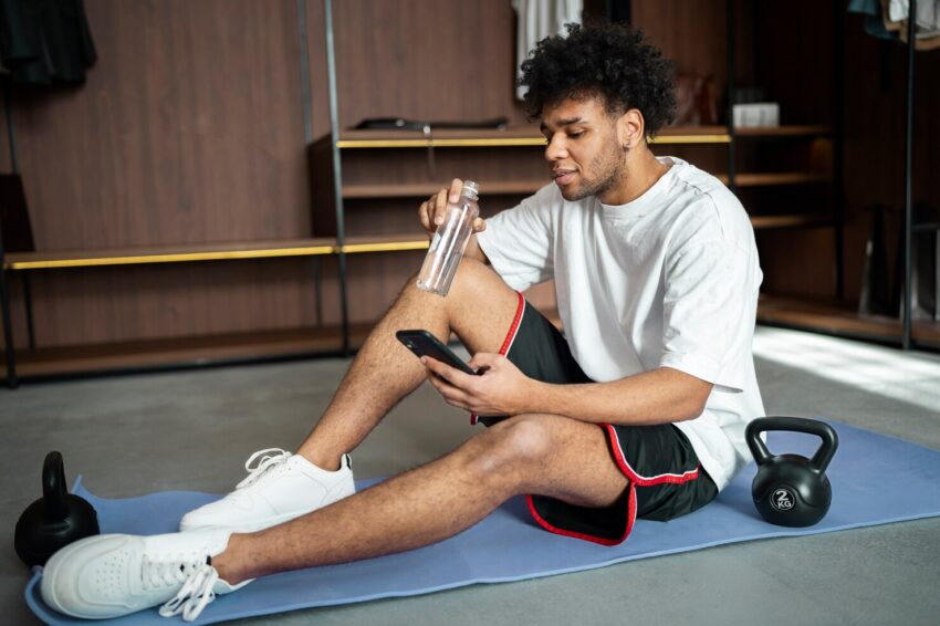full shot man sitting yoga mat 23 2149358177