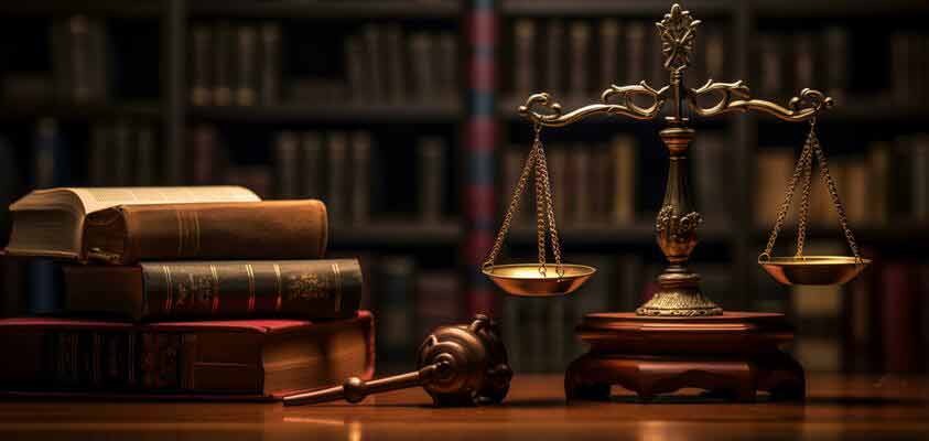 3d rendered law legal system justice crime concept mallet gavel hammer and scales on table ai generative photos