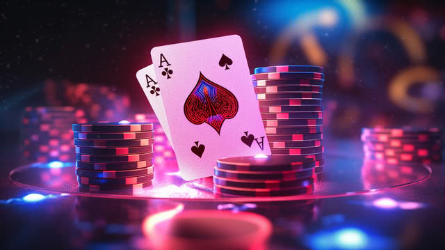 pngtree d rendering of illuminated neon lit casino chips and playing cards image 3825408