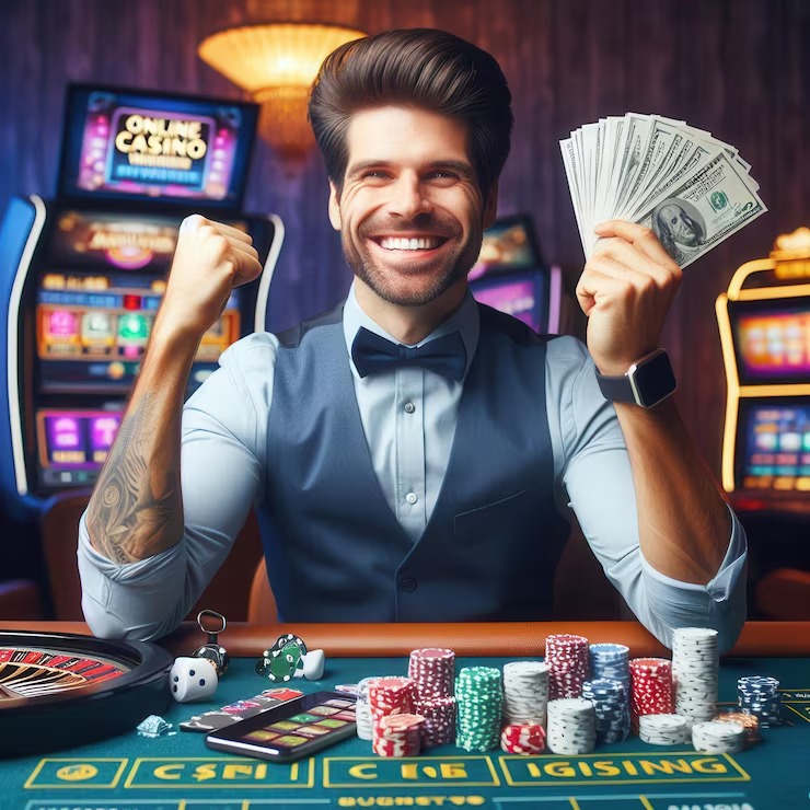 imgi 24 joyful man celebrates big win casino holding fan cash raising his fist concept casino excitement winning good luck celebration jackpot jo