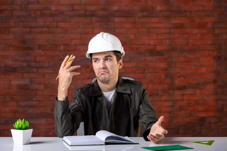 front view male engineer sitting his working place white helmet document business corporate property job builder contractor plan 140725 155278 1
