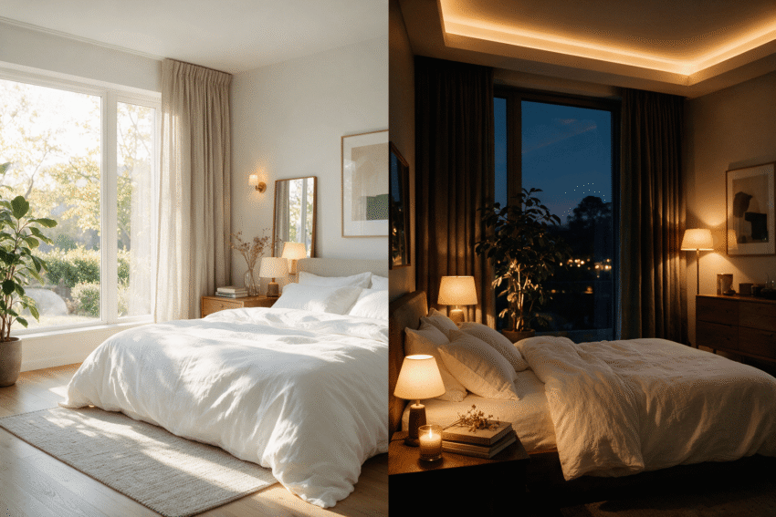 modern Indian bedroom with large windows