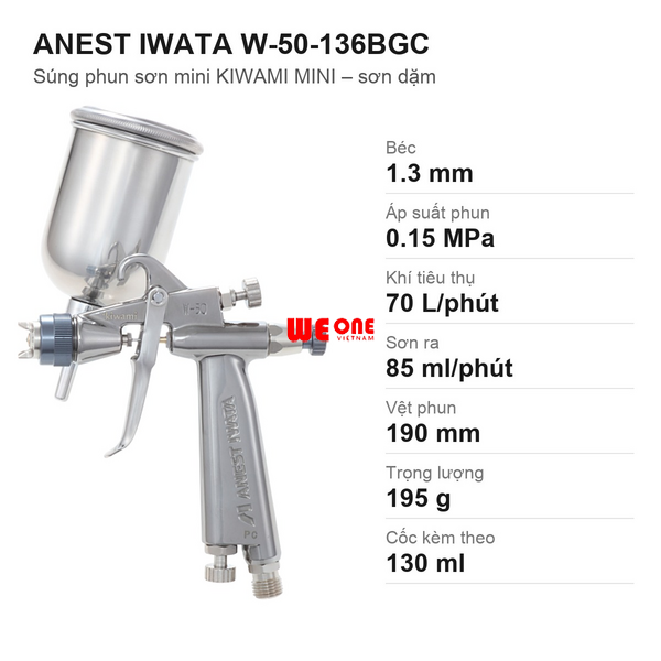Súng phun sơn mini IWATA W-50-136BGC (Kiwami Mini) – Béc 1.3mm kèm cốc 130ml