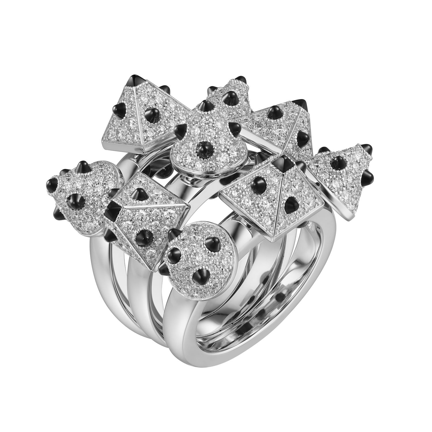articulated ring dotted with pyramidal diamond and onyx studs - THE EDGE SINGAPORE