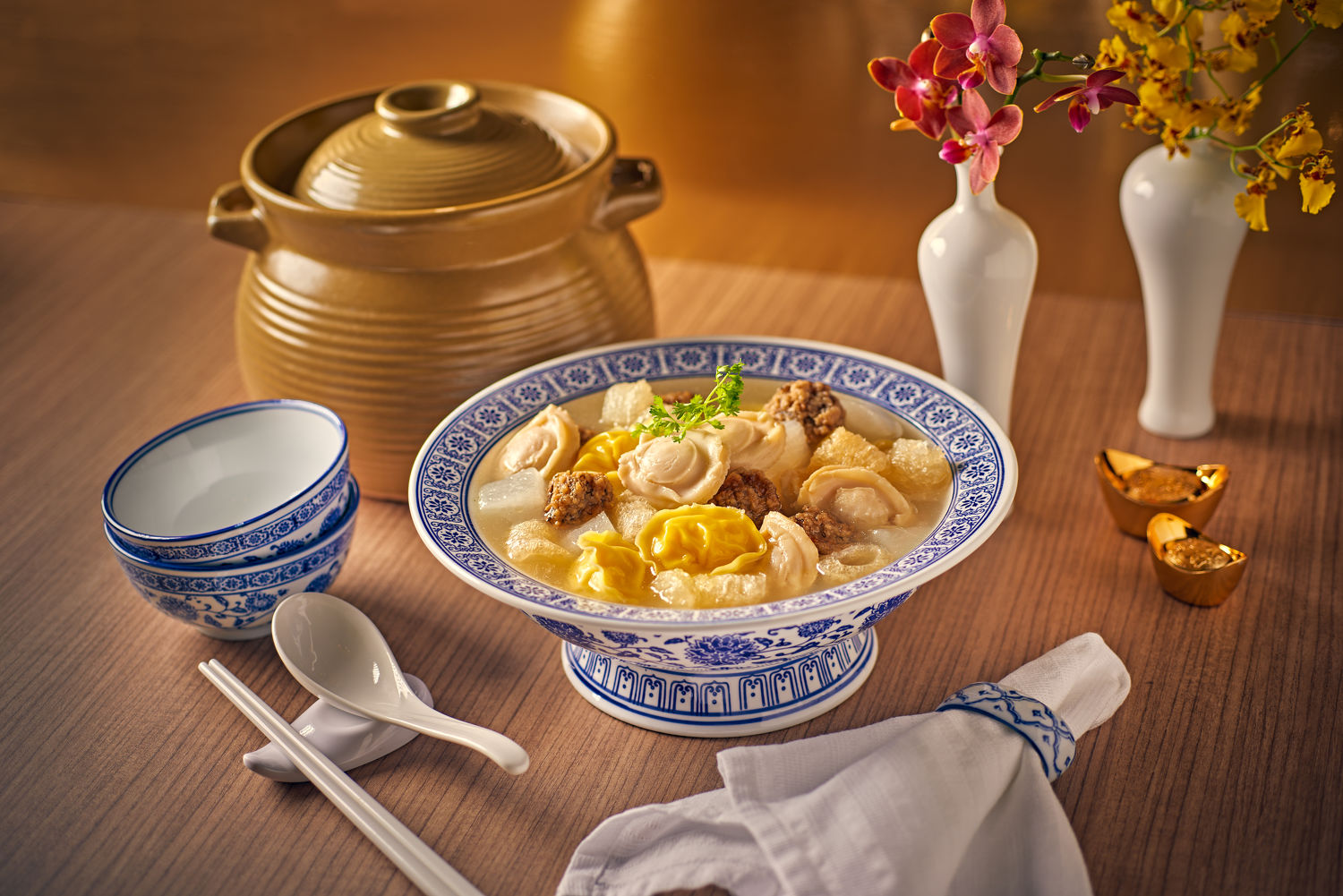 Double-boiled-Abalone-Soup-and-Eel-Fish-Maw-with-Handmade-Prawn-Dumplings-and-Minced-Pork-Balls - THE EDGE SINGAPORE
