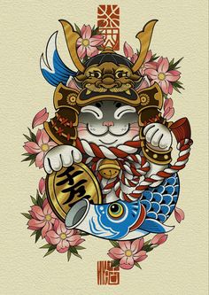 phác họa hình xăm mèo thần tài samurai nhật bản Hình minh họa mèo may mắn đội mũ giáp, cầm cá chép, hoa anh đào xung quanh, phong cách Nhật Bản.