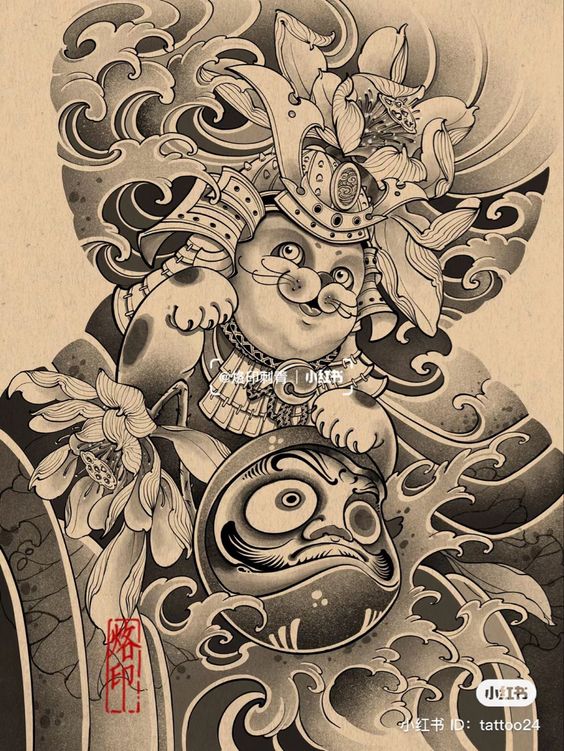 phác họa tattoo mèo thần tài samurai kết hợp búp bê daruma Hình xăm phong cách Nhật Bản với nhân vật đội mũ và hoa, bên cạnh là mặt nạ truyền thống và họa tiết sóng.