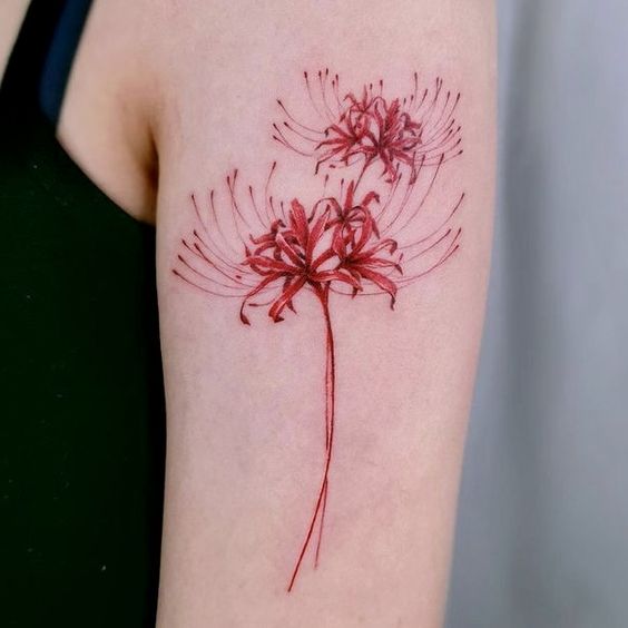 H&igrave;nh xăm hoa m&agrave;u đỏ tr&ecirc;n c&aacute;nh tay, thiết kế tinh tế v&agrave; chi tiết, nền da s&aacute;ng.